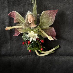 Vintage Fairy Pixie Winged Holly Leaf Woodland Fairy Ornament